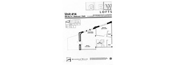 A floor plan for a McGowan Lofts unit shows a living room, bedroom, and kitchen layout.