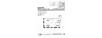 A drawing of a floor plan for a unit at McGowan Walsh shows a living room, a kitchen, and a bedroom.