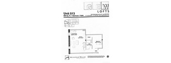A drawing of a floor plan for a unit at McGowan Walsh shows a living room, a kitchen, a bedroom, a bathroom, a closet, and an entry way.