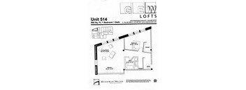 A black and white image of a floor plan for a unit at GEW Lofts.