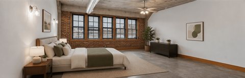 A bedroom with a bed, nightstand, and a plant.