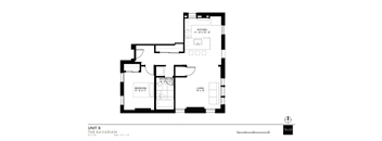 A black and white image of a floor plan for Unit B of The Bavarian, showing a kitchen, bathroom, bedroom, and living room.