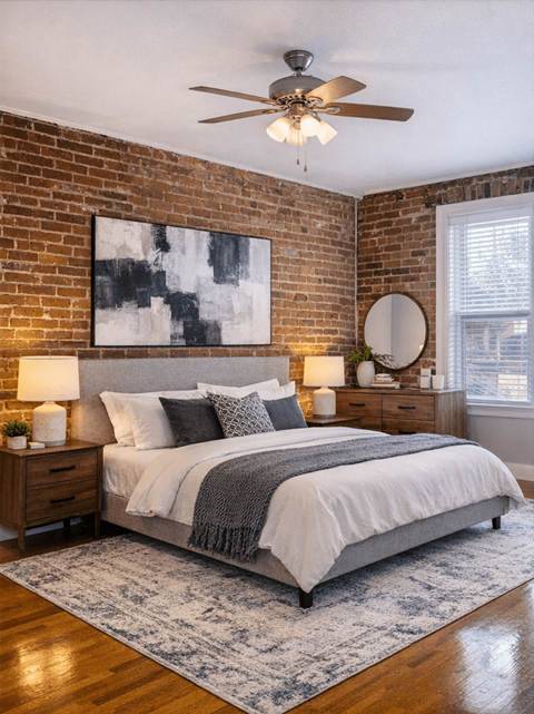 A bedroom with a brick wall and a bed with a white comforter.