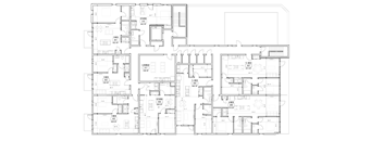 a floor plan of a house with many rooms and a courtyard