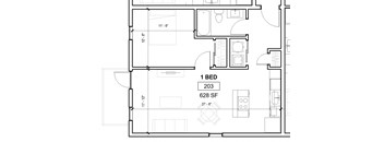 a floor plan of a small house with a bedroom and a bathroom