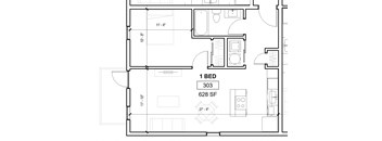 a floor plan of a small house with a bedroom and a bathroom