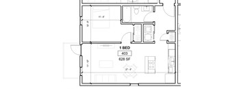 a floor plan of a small house with a bedroom and a bathroom