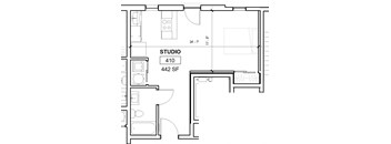the floor plan for a small studio unit with a bedroom and a bathroom