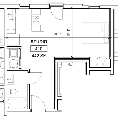 the floor plan for a small studio unit with a bedroom and a bathroom