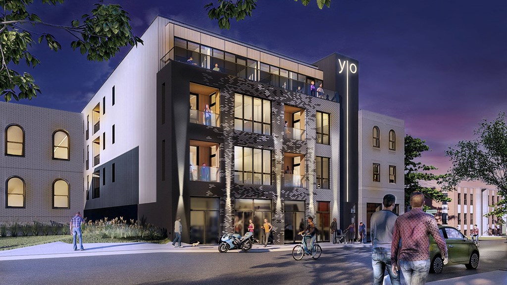 a rendering of a building with people walking in front of it