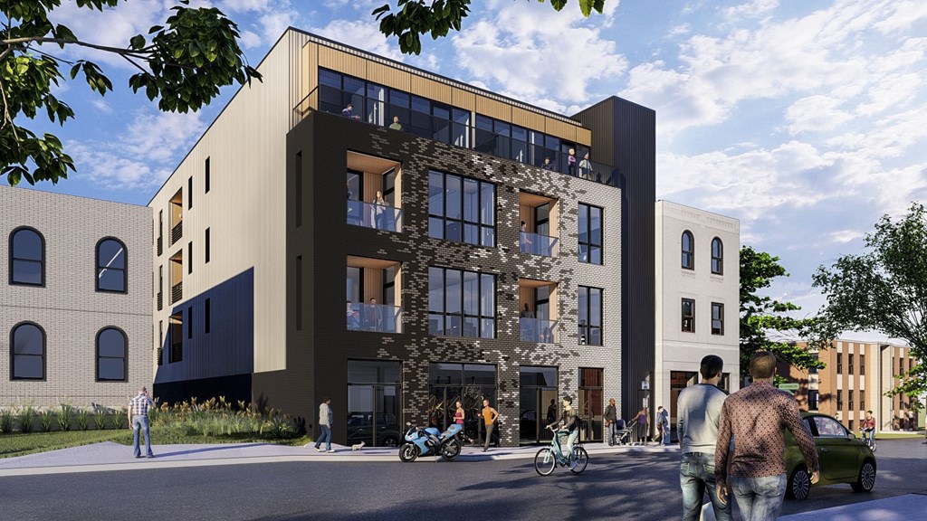 a rendering of a building on a city street