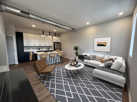 A modern living room with a kitchen in the background.