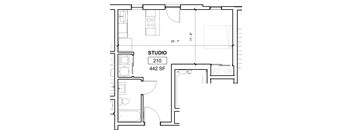 the floor plan for a small studio unit with a bedroom and a bathroom