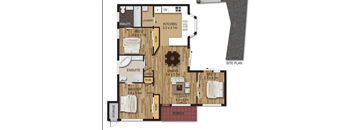 A floor plan of a house with a kitchen, dining room, living room, and three bedrooms.