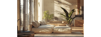 A modern living room with a large window, a sofa, and a potted plant.