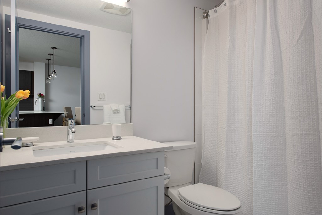 a white bathroom with a shower and a sink and a toilet