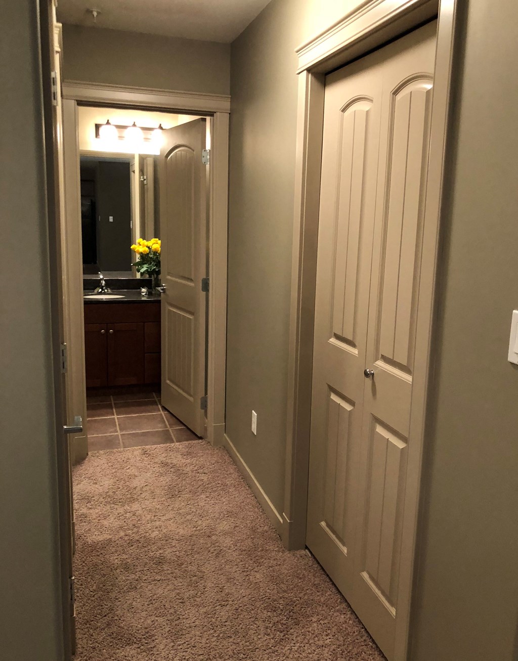 A hallway with a carpeted floor and a door on the right.