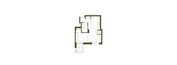 A floor plan of a house with a kitchen, living room, and two bedrooms.