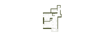 A floor plan of a house with a kitchen, living room, and bathroom.
