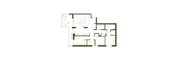 A floor plan of a building with multiple rooms and corridors.
