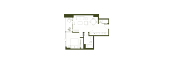 A floor plan of a house with a kitchen, living room, and two bedrooms.