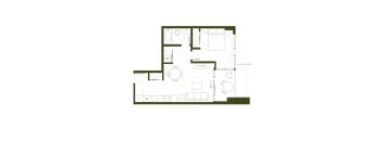 A floor plan of a house with a kitchen, living room, and bathroom.