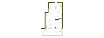 A floor plan of a house with a kitchen, living room, and bathroom.