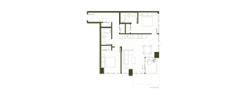 A floor plan of a house with a kitchen, living room, and two bedrooms.