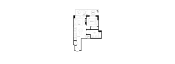 A floor plan of a house with a living room, two bedrooms, a bathroom, and a kitchen.