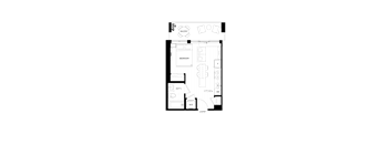 A floor plan of a house with a bedroom, bathroom, and kitchen.