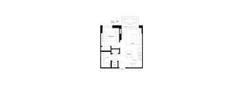 A floor plan of a small apartment with a bedroom, living room, kitchen, and bathroom.