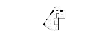 A floor plan of a house with a kitchen, living room, dining room, and two bedrooms.