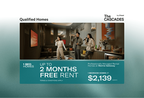 A promotional image for The Cascades by Chard, offering up to 2 months free rent on 1 bed homes at $2,139.