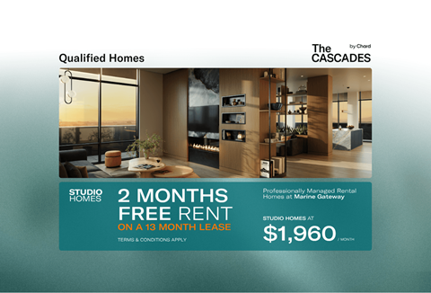 An advertisement for Studio Homes at The Cascades, offering a 2 months free rent on a 13 month lease.