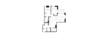 A floor plan of a house with a living room, dining room, kitchen, and two bedrooms.