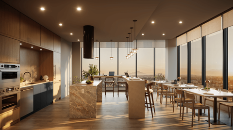 A modern kitchen with a dining table and chairs.
