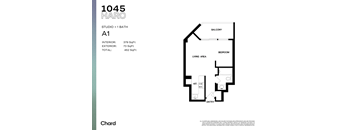 A floor plan for a studio apartment with a living area, bedroom, kitchen, and bathroom.