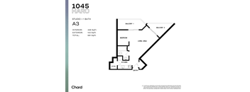 A drawing of a studio apartment with a bath and a living area.