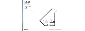A floor plan for a studio apartment with a living area, dining area, kitchen, and entry.