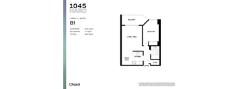 A floor plan for a 1 bedroom, 1 bathroom apartment with a living area, kitchen, and dining area.
