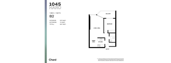 A floor plan for a 1 bedroom, 1 bathroom apartment with a living area, dining area, kitchen, and balcony.
