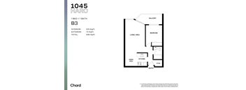 A floor plan for a 1 bedroom, 1 bathroom apartment with a living area, kitchen, dining area, and a balcony.