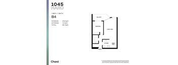 A floor plan for a 1 bedroom apartment with 1 bathroom, interior area of 579 square feet, exterior area of 72 square feet, and a total area of 651 square feet.