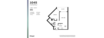 A floor plan for a 1 bedroom, 1 bathroom apartment with a living area, kitchen, and dining area.