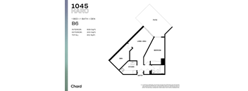 A floor plan for a one bedroom, one bathroom apartment with den.