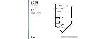 A floor plan for a 1 bedroom, 1 bathroom apartment with a balcony and living area.