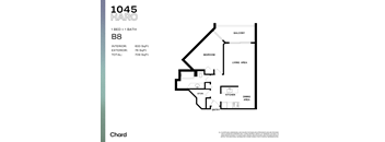 A floor plan for a 1 bedroom, 1 bathroom apartment with a living area, kitchen, dining area, and storage.