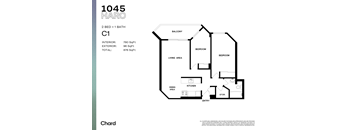 A floor plan for a 2 bedroom, 1 bathroom apartment with a living area, kitchen, dining area, and two bedrooms.