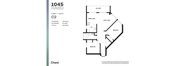 A floor plan for a 2 bedroom, 1 bathroom apartment with a total area of 879 square feet.