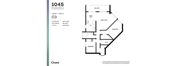 A floor plan for a 1045 square foot apartment with two bedrooms and one bath.